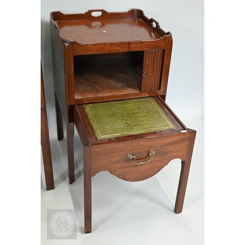 646 - A pair of George III mahogany tray top step commodes, with opposing tambour doors over green skiver ... 
