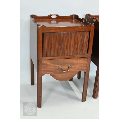 646 - A pair of George III mahogany tray top step commodes, with opposing tambour doors over green skiver ... 