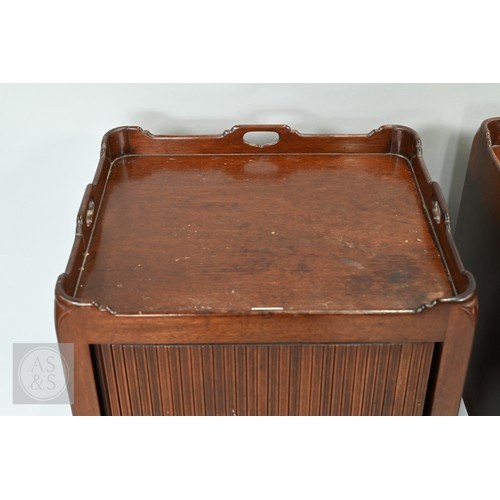 646 - A pair of George III mahogany tray top step commodes, with opposing tambour doors over green skiver ... 