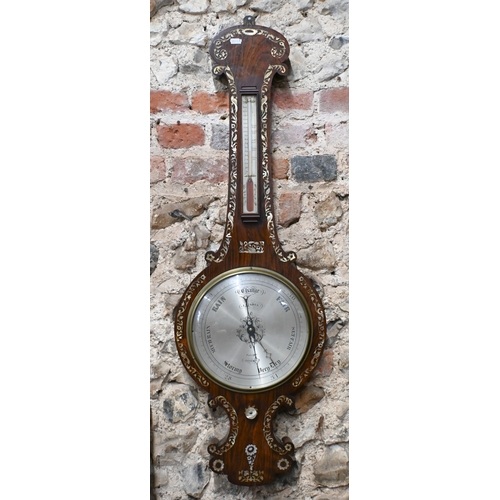 60 - J Hughes, Ratcliff, London, a Regency mother of pearl inlaid rosewood barometer, with silvered spiri... 