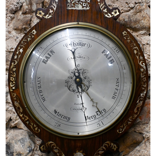 60 - J Hughes, Ratcliff, London, a Regency mother of pearl inlaid rosewood barometer, with silvered spiri... 