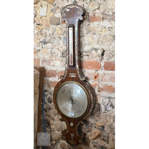 60 - J Hughes, Ratcliff, London, a Regency mother of pearl inlaid rosewood barometer, with silvered spiri... 