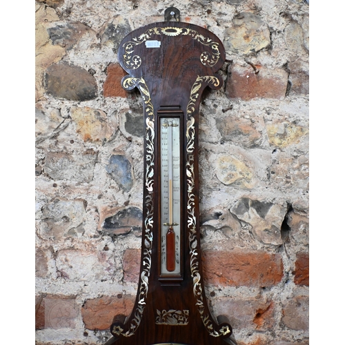 60 - J Hughes, Ratcliff, London, a Regency mother of pearl inlaid rosewood barometer, with silvered spiri... 