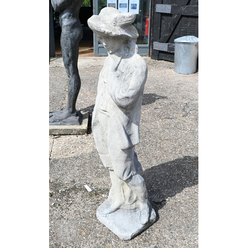 12 - A large weathered cast stone garden statue of a cavalier, 130 cm high