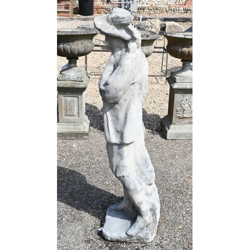 12 - A large weathered cast stone garden statue of a cavalier, 130 cm high