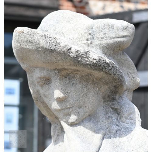 12 - A large weathered cast stone garden statue of a cavalier, 130 cm high