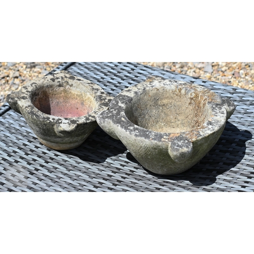 17 - Two antique marble mortars, weathered, 27 cm dia and 22 cm dia (2)
