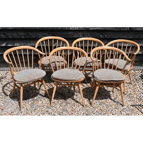 181 - A set of six Mid-Century blonde elm and beech Ercol Windsor 'cowhorn' carver chairs (model 449A), st...
