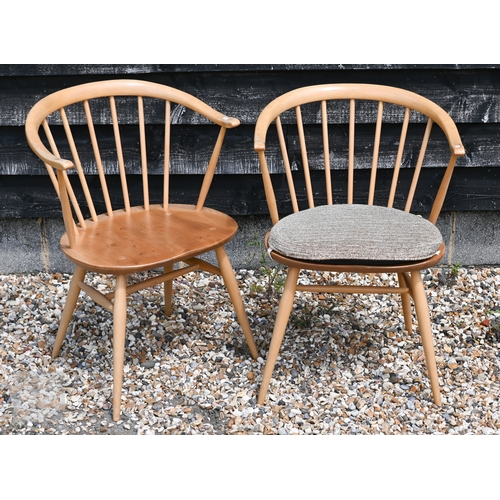181 - A set of six Mid-Century blonde elm and beech Ercol Windsor 'cowhorn' carver chairs (model 449A), st... 