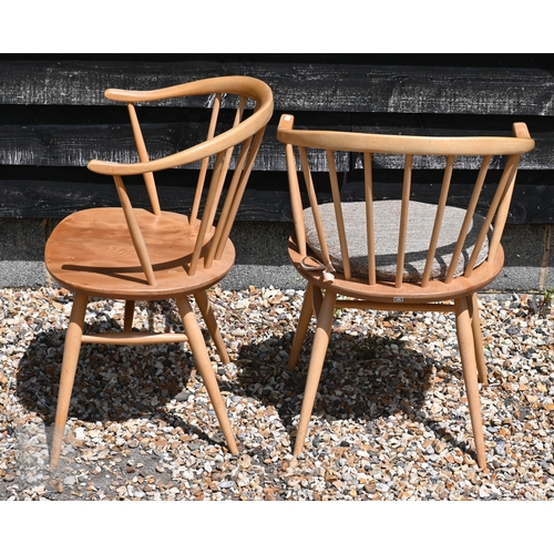 181 - A set of six Mid-Century blonde elm and beech Ercol Windsor 'cowhorn' carver chairs (model 449A), st... 