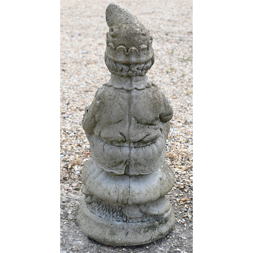 19 - Two weathered reconstituted stone garden gnomes, smoking pipes (2)