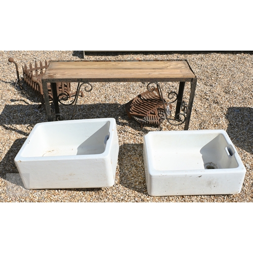 29 - A wrought iron plank top plant stand to/with two vintage butlers sinks, a pair of iron ball-head fir... 