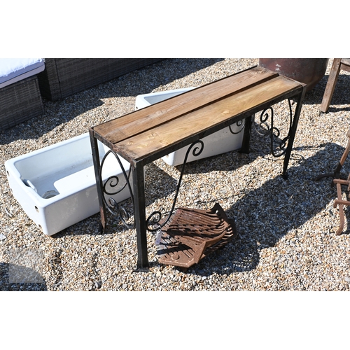 29 - A wrought iron plank top plant stand to/with two vintage butlers sinks, a pair of iron ball-head fir... 