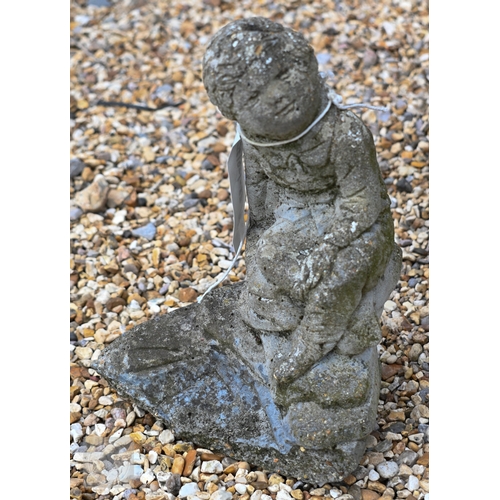 37 - Small garden states - two small weathered reconstituted stone dogs to/with a low bird bath and a sea... 