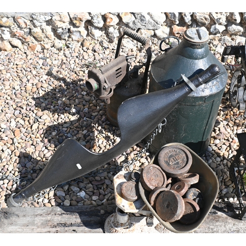 46 - Assorted antique and later ironmongery incl. a wrought iron wall bracket lantern; a cast iron weighi... 