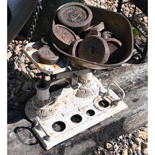 46 - Assorted antique and later ironmongery incl. a wrought iron wall bracket lantern; a cast iron weighi... 