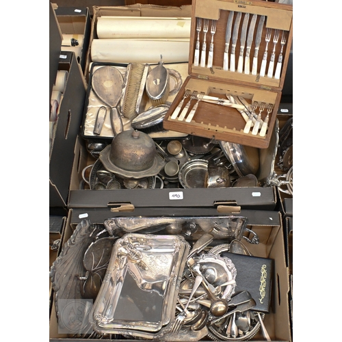 490 - A silver brush set, another silver-backed brush and cased pair of silver stands (one with glass dish...
