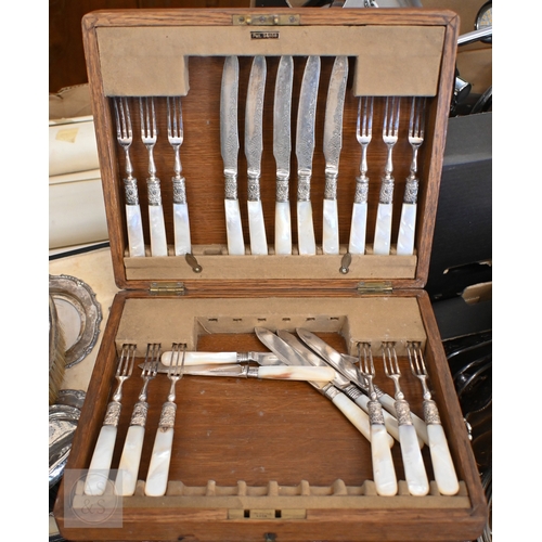 490 - A silver brush set, another silver-backed brush and cased pair of silver stands (one with glass dish... 