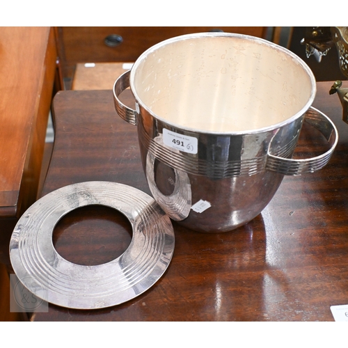 491 - A cut glass claret jug with EP collar, cover and handle, to/w an Art Deco style champagne ice-bucket... 