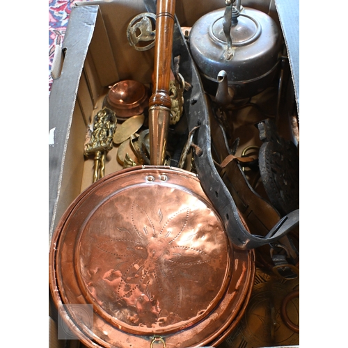 57 - # An antique brass warming pan to/with a quantity of assorted horse brasses, a reproduction brass su... 