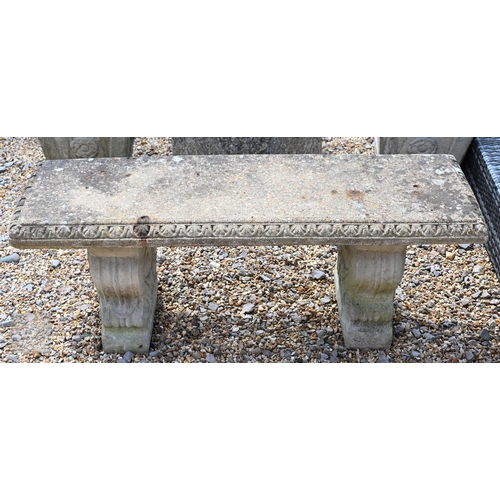 7 - A weathered cast stone three piece garden bench, 116 cm x 40 cm x 42 cm h