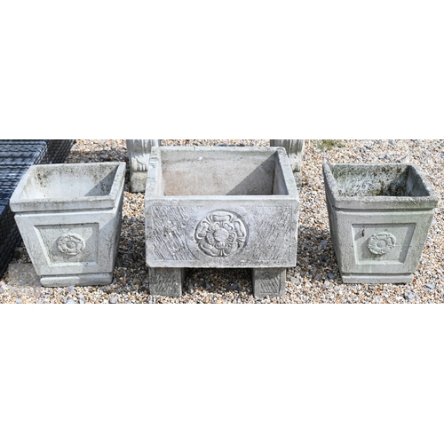 8 - A square cast stone planter with Hampshire rose panels, on blocks, 51 cm x 51 cm x 40 cm  to/w a pai... 