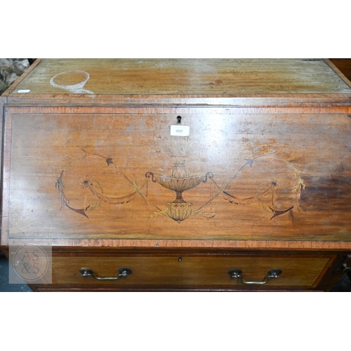 499 - A Sheraton Revival urn inlaid fall front bureau, 76 cm x 46 cm x 96 cm h
