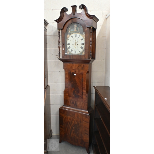 128 - # A 19th century Scottish/North Carolina mahogany longcase clock, chinoiserie painted dial with land... 
