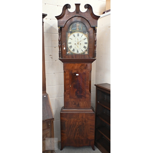 128 - # A 19th century Scottish/North Carolina mahogany longcase clock, chinoiserie painted dial with land... 
