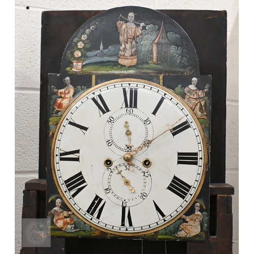 128 - # A 19th century Scottish/North Carolina mahogany longcase clock, chinoiserie painted dial with land... 