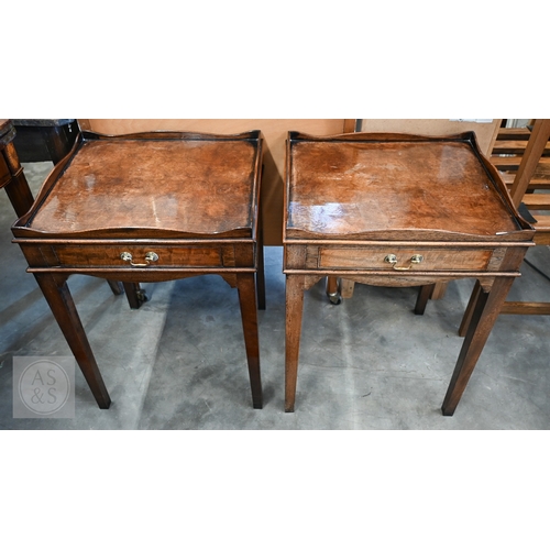 129 - A pair of Georgian style mahogany tray top side tables, each with single drawer and square supports,...