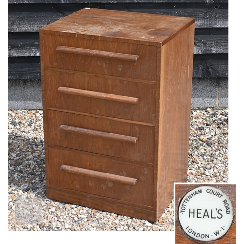 A 1930s Art Deco Heal & Son four drawer chest with moulded handles 'Heal's Tottenham Court Road, London W1' circular ivorine plaque to top drawer, 56 x 46 x 84 cm high
