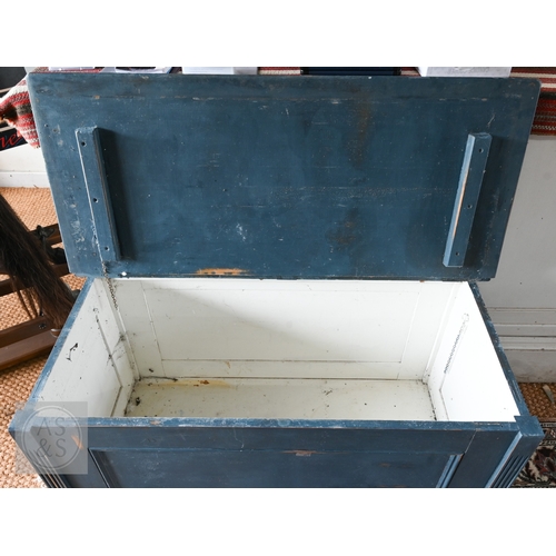 12 - A vintage pine blanket chest/coffer, distressed washed blue paint finish and contrasting white inter... 