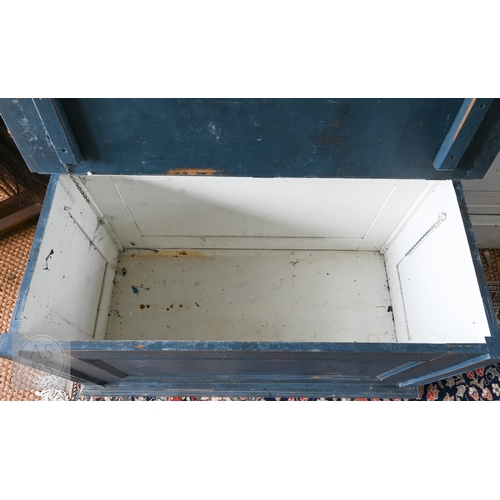 12 - A vintage pine blanket chest/coffer, distressed washed blue paint finish and contrasting white inter... 