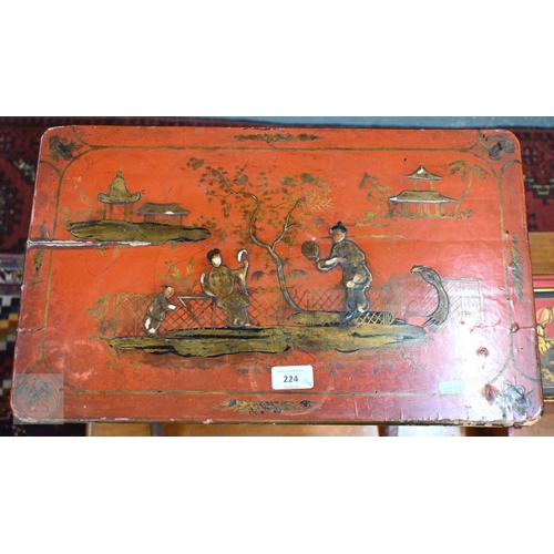 47 - A 20th century red lacquer chinoiserie side table on lyre shaped supports to/w a small wall mounting... 
