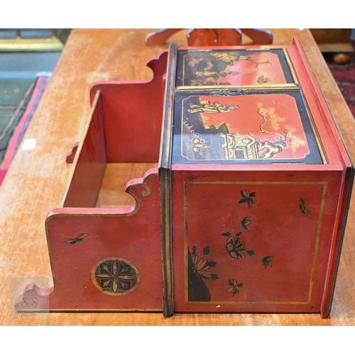 47 - A 20th century red lacquer chinoiserie side table on lyre shaped supports to/w a small wall mounting... 