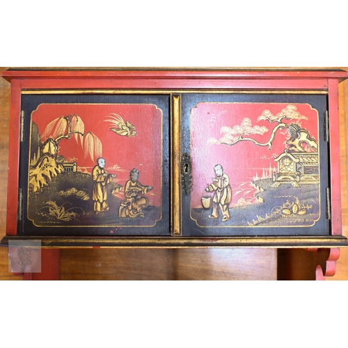 47 - A 20th century red lacquer chinoiserie side table on lyre shaped supports to/w a small wall mounting... 