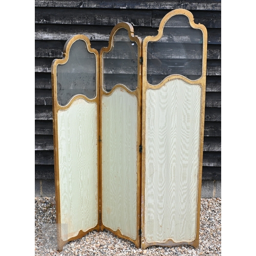 48 - A French Louis XV style room-divider/screen with three graduating part glazed green satin panels