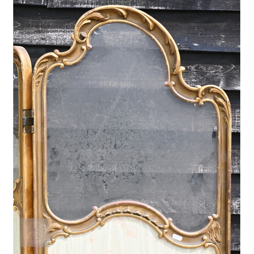 48 - A French Louis XV style room-divider/screen with three graduating part glazed green satin panels
