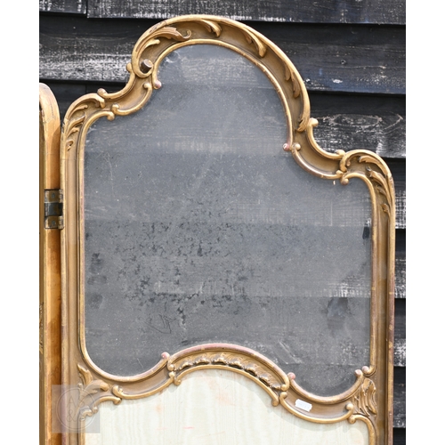 48 - A French Louis XV style room-divider/screen with three graduating part glazed green satin panels