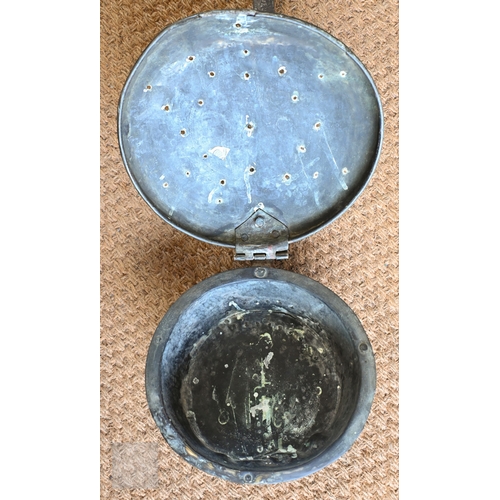 11 - A 17th century iron and brass warming pan, with chased decoration, complete, original, old repair to... 
