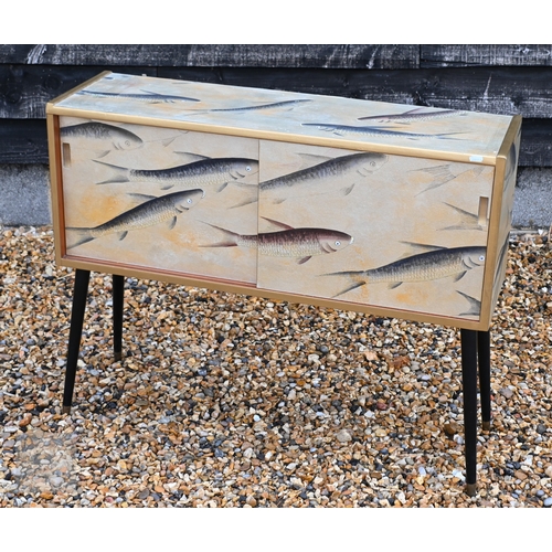 143 - A small Mid-Century modern teak sideboard with sliding doors and black splayed legs, up-cycled with ... 
