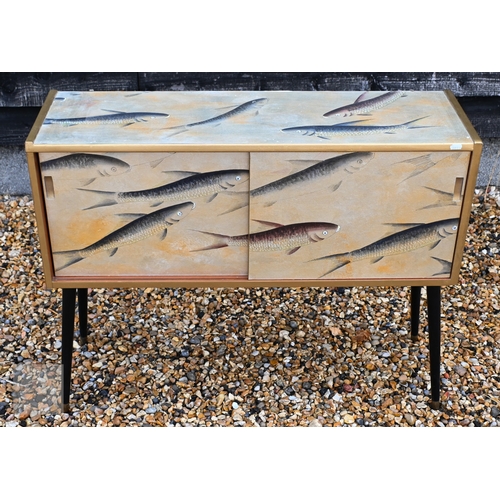 143 - A small Mid-Century modern teak sideboard with sliding doors and black splayed legs, up-cycled with ... 