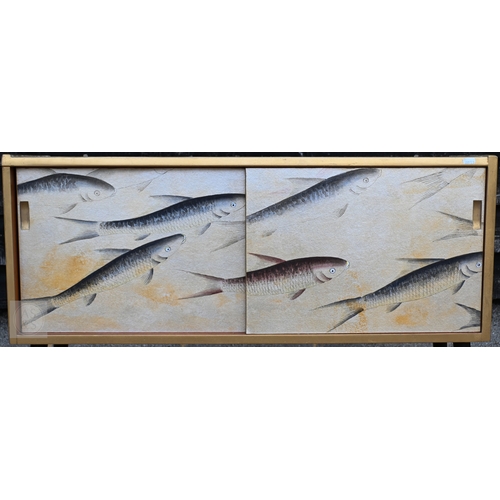 143 - A small Mid-Century modern teak sideboard with sliding doors and black splayed legs, up-cycled with ... 