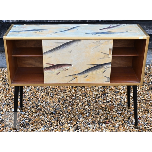 143 - A small Mid-Century modern teak sideboard with sliding doors and black splayed legs, up-cycled with ... 