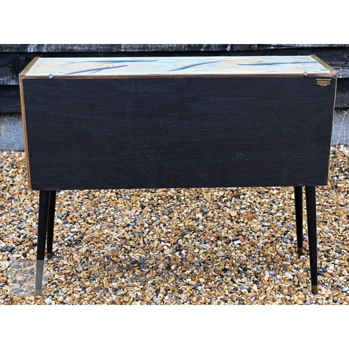 143 - A small Mid-Century modern teak sideboard with sliding doors and black splayed legs, up-cycled with ... 