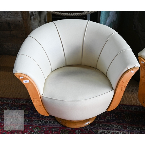 28 - A pair of Art Deco cream leather and burr maple tub armchairs (2) (leather stained)