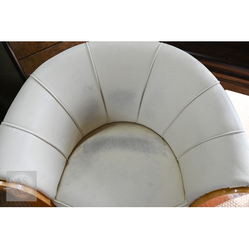 28 - A pair of Art Deco cream leather and burr maple tub armchairs (2) (leather stained)