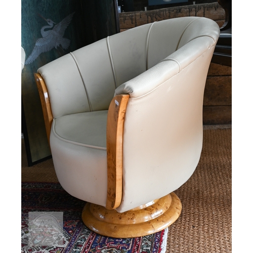 28 - A pair of Art Deco cream leather and burr maple tub armchairs (2) (leather stained)