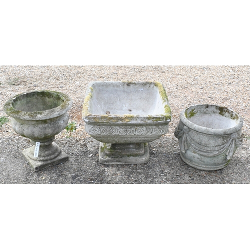 30 - Three various weathered cast stone planters in the classical style (3)